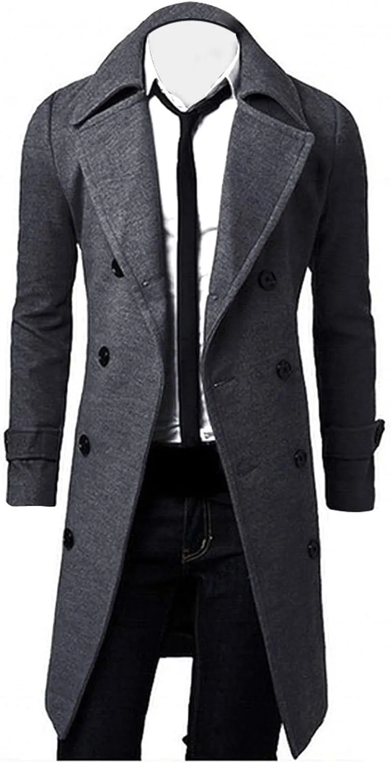 tuduoms Men's Long Slim Peacoat Winter Business Wool Blazer Gentlemen Trench Coat Fashion Windbreaker Warm Long Top Overcoat