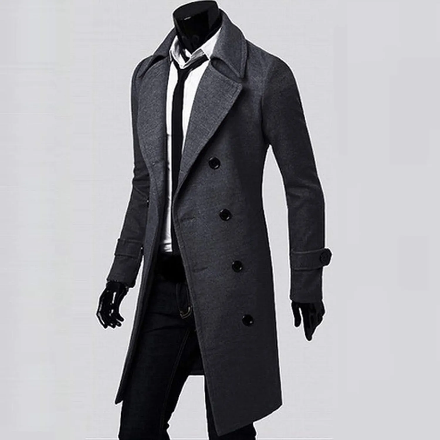 tuduoms Men's Long Slim Peacoat Winter Business Wool Blazer Gentlemen Trench Coat Fashion Windbreaker Warm Long Top Overcoat
