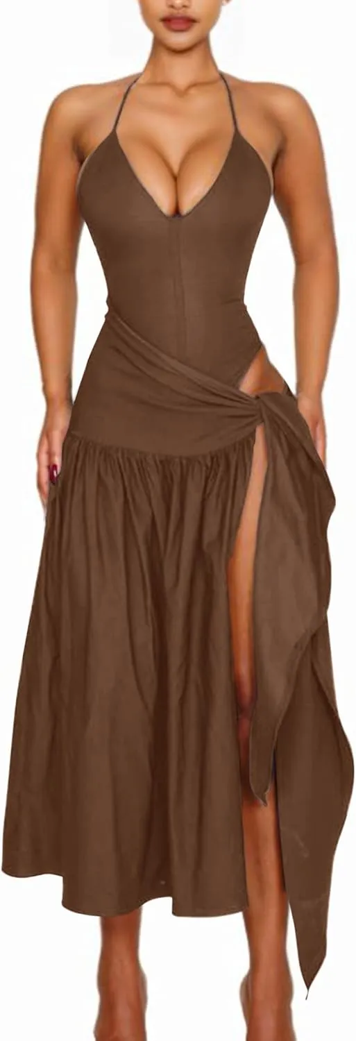 Two Piece Skirt Set Women Sexy Halter Backless Bodysuit and Wrap Tied High Split Summer Maxi Skirt Set