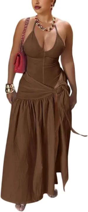 Two Piece Skirt Set Women Sexy Halter Backless Bodysuit and Wrap Tied High Split Summer Maxi Skirt Set