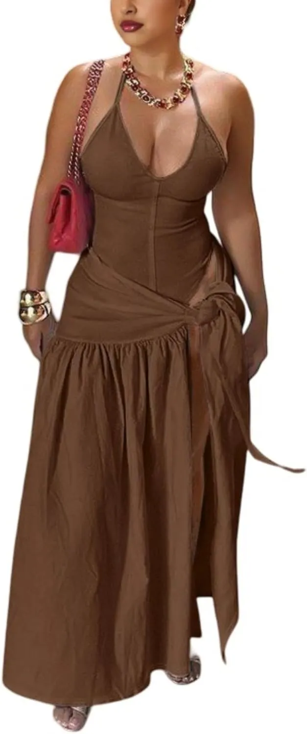 Two Piece Skirt Set Women Sexy Halter Backless Bodysuit and Wrap Tied High Split Summer Maxi Skirt Set