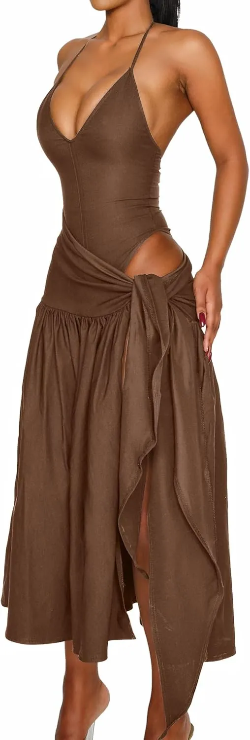 Two Piece Skirt Set Women Sexy Halter Backless Bodysuit and Wrap Tied High Split Summer Maxi Skirt Set