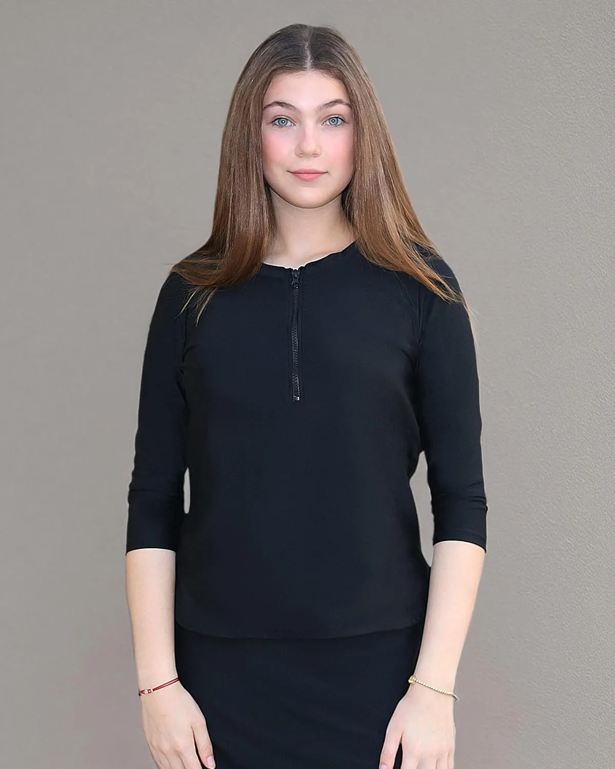 Tznius Shirt Rash Guard 3/4 Sleeve w/Zipper for Woman- Modest Shirt Swimsuit for Swim