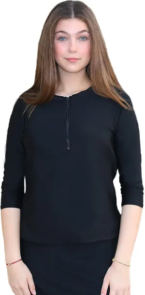 Tznius Shirt Rash Guard 3/4 Sleeve w/Zipper for Woman- Modest Shirt Swimsuit for Swim