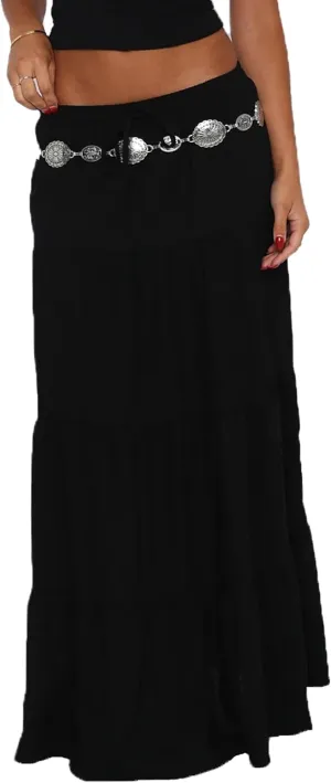 UAURORAO Women Boho Long Skirt Tiered Ruffle Flowy Maxi Skirt Elastic Waist Pleated A Line Midi Skirt Beach Vacation