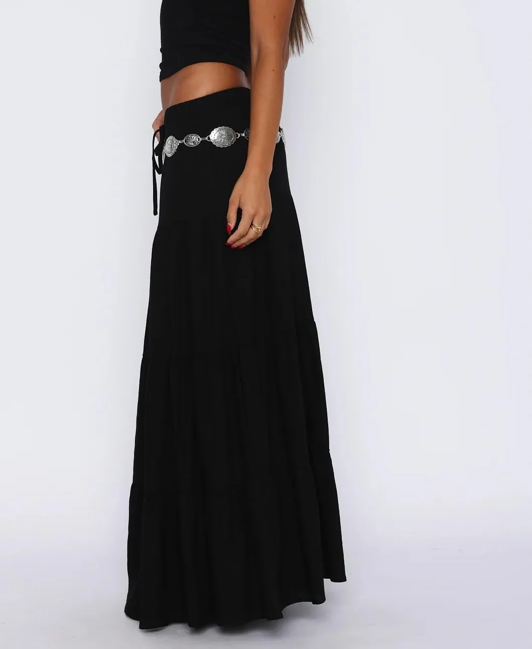 UAURORAO Women Boho Long Skirt Tiered Ruffle Flowy Maxi Skirt Elastic Waist Pleated A Line Midi Skirt Beach Vacation