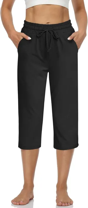 UEU Women's Comfy Drawstring Yoga Capri Pants Loose Workout Sweatpants Wide Leg Lounge Pants with Pockets