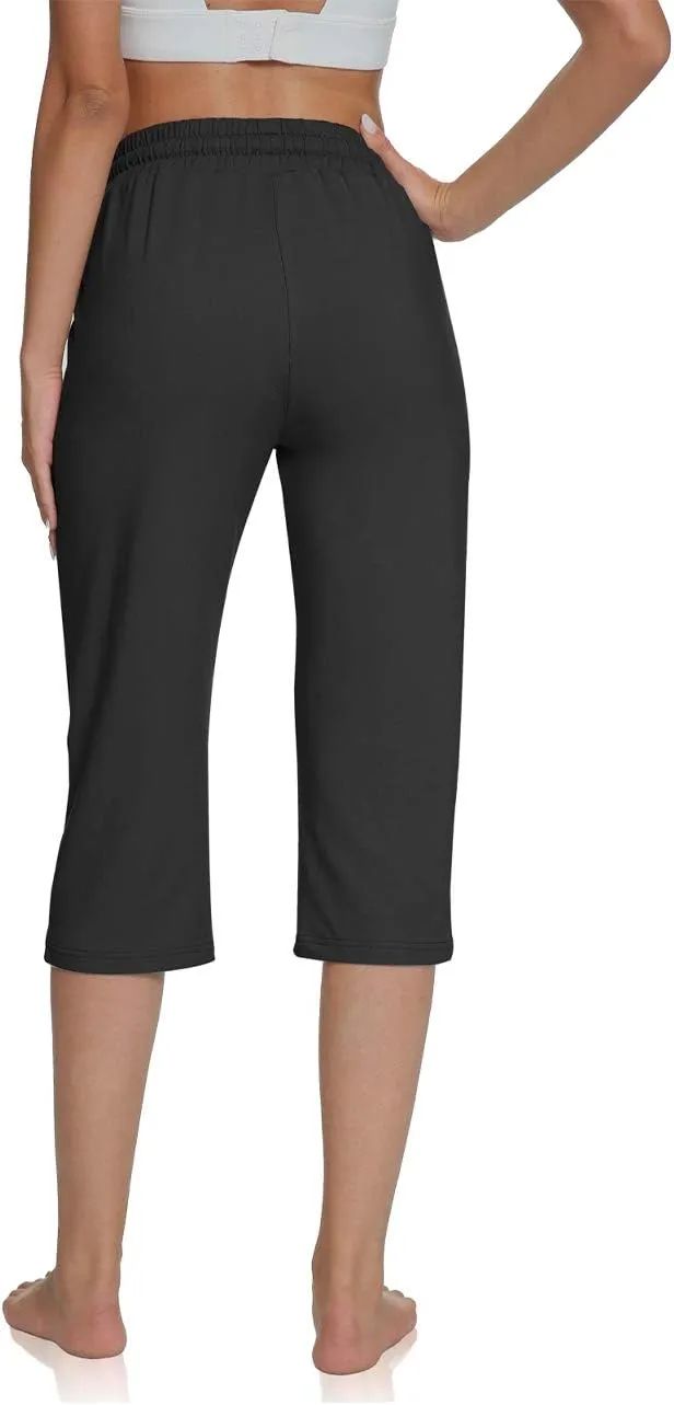 UEU Women's Comfy Drawstring Yoga Capri Pants Loose Workout Sweatpants Wide Leg Lounge Pants with Pockets