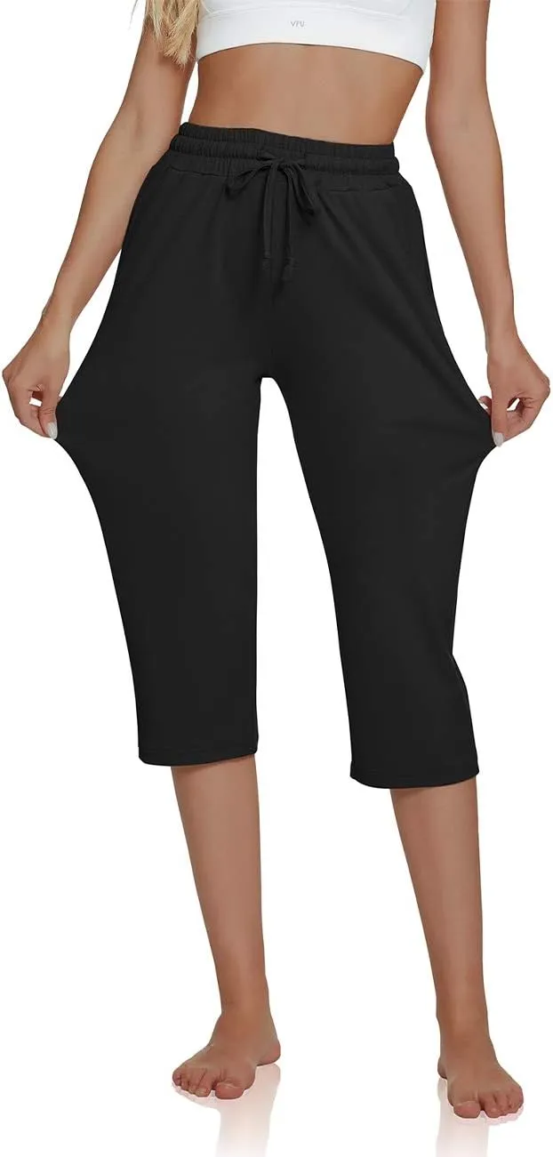 UEU Women's Comfy Drawstring Yoga Capri Pants Loose Workout Sweatpants Wide Leg Lounge Pants with Pockets