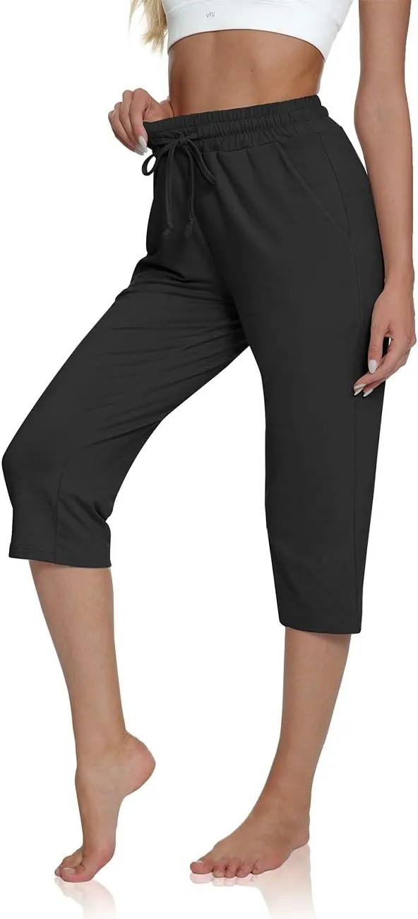 UEU Women's Comfy Drawstring Yoga Capri Pants Loose Workout Sweatpants Wide Leg Lounge Pants with Pockets