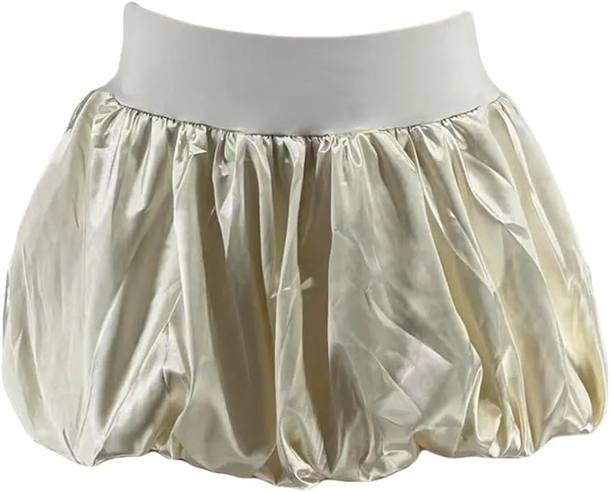Unybwonn Women Bubble Skirt Metallic Satin Ruffle Puffy Balloon Mini Skirts High Waist Pleated Cute Flared Short Skirt