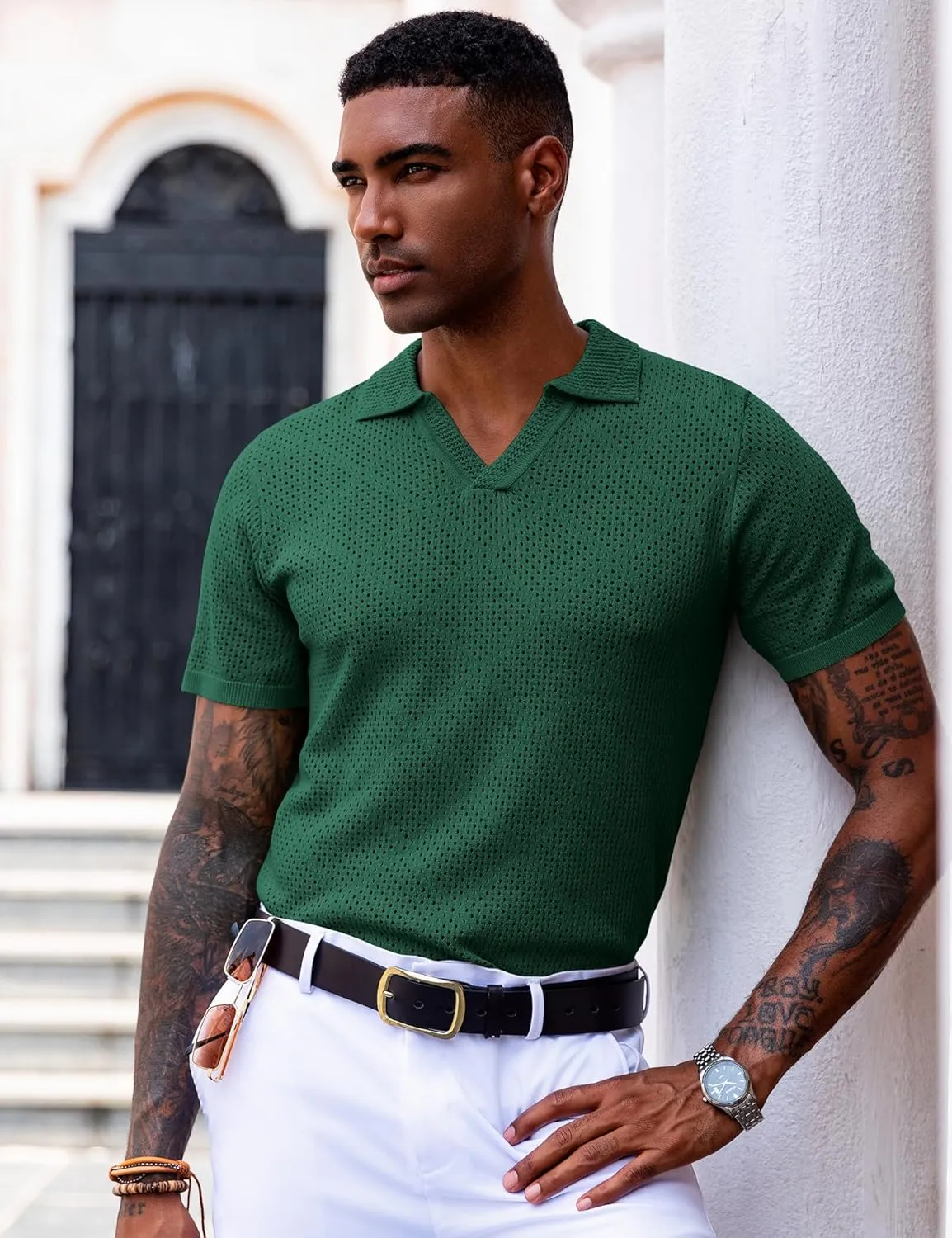 URRU Mens Knit Polo Shirt Short Sleeve Hollow Out Shirt Texture Knitted Polo Shirts for Men
