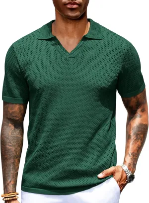 URRU Mens Knit Polo Shirt Short Sleeve Hollow Out Shirt Texture Knitted Polo Shirts for Men