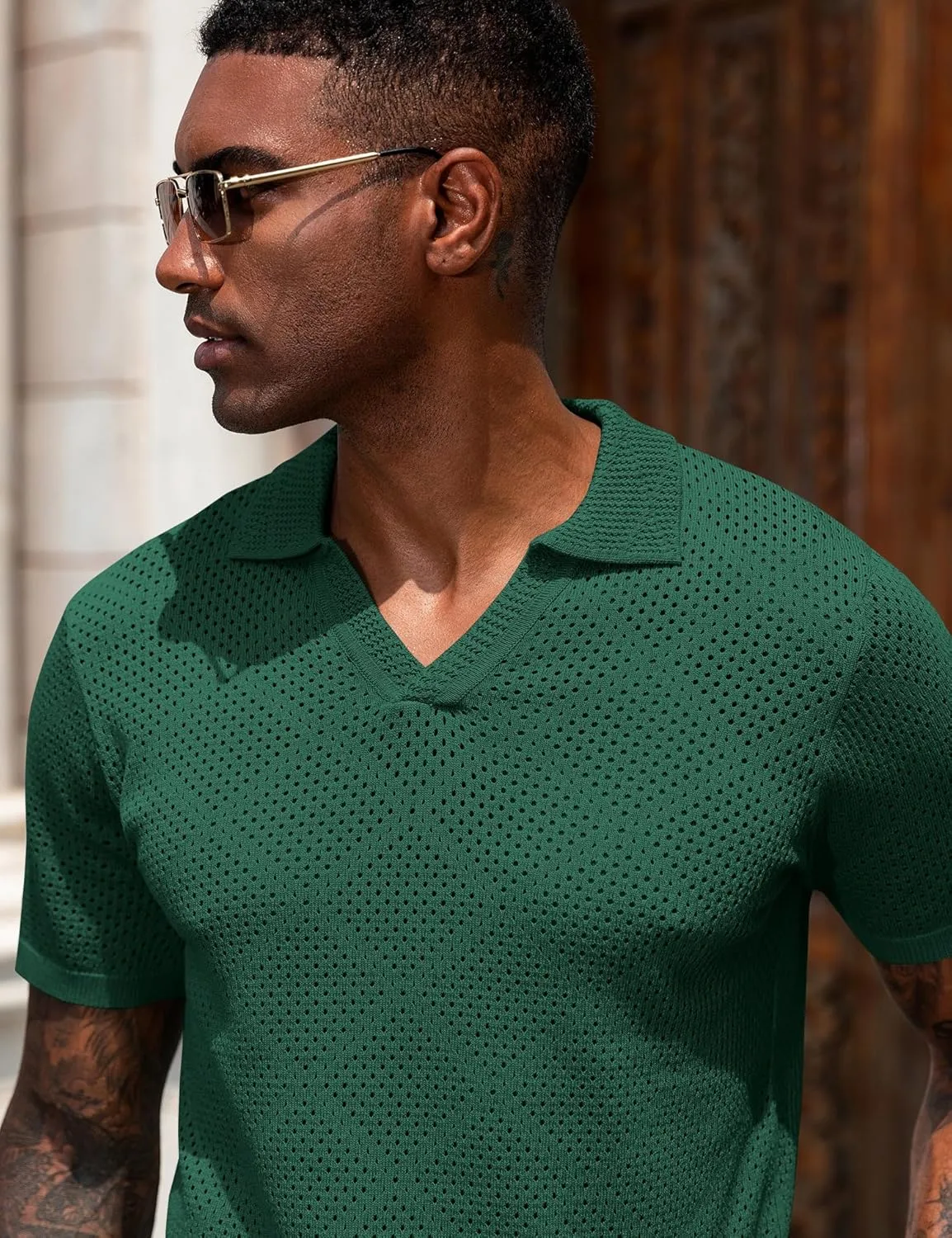 URRU Mens Knit Polo Shirt Short Sleeve Hollow Out Shirt Texture Knitted Polo Shirts for Men