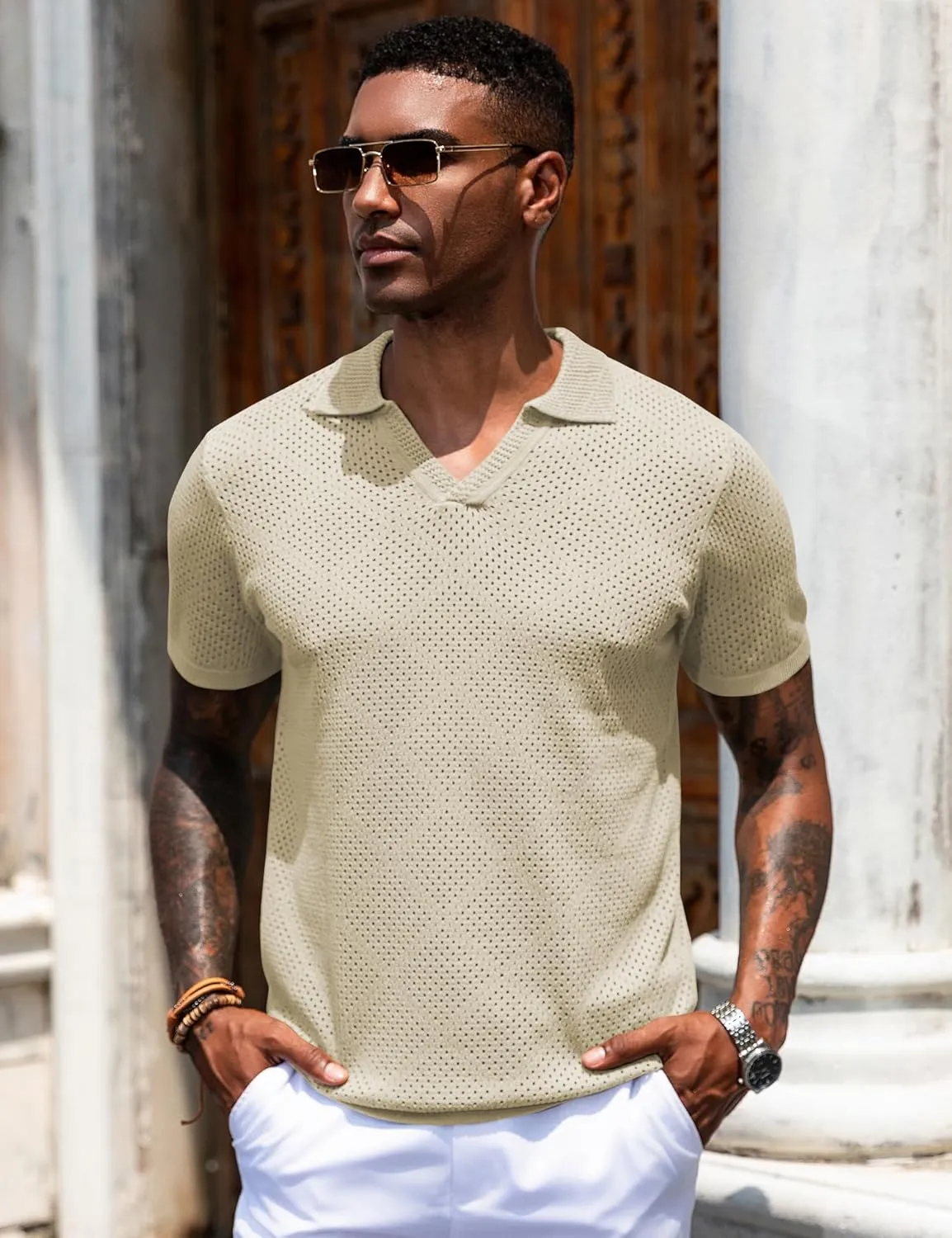 URRU Mens Knit Polo Shirt Short Sleeve Hollow Out Shirt Texture Knitted Polo Shirts for Men