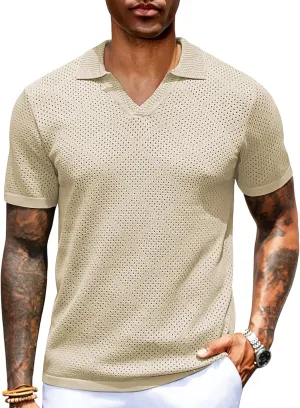 URRU Mens Knit Polo Shirt Short Sleeve Hollow Out Shirt Texture Knitted Polo Shirts for Men