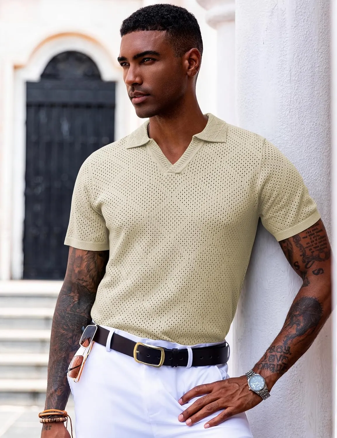 URRU Mens Knit Polo Shirt Short Sleeve Hollow Out Shirt Texture Knitted Polo Shirts for Men