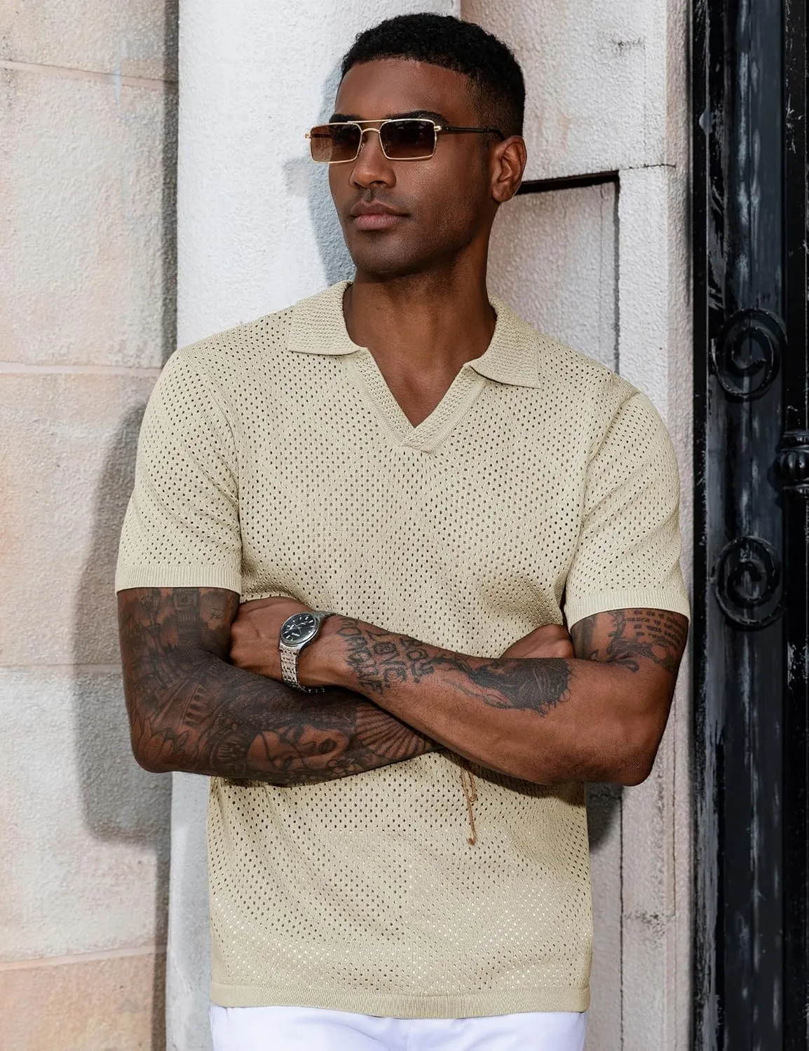 URRU Mens Knit Polo Shirt Short Sleeve Hollow Out Shirt Texture Knitted Polo Shirts for Men