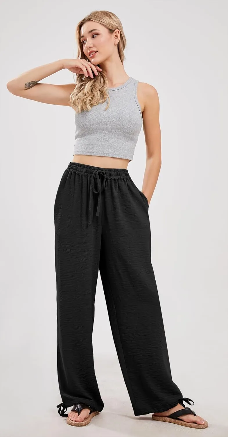 utcoco Wide Leg Linen Pants for Women Casual Loose Fit High Waisted Pants with Drawstrings
