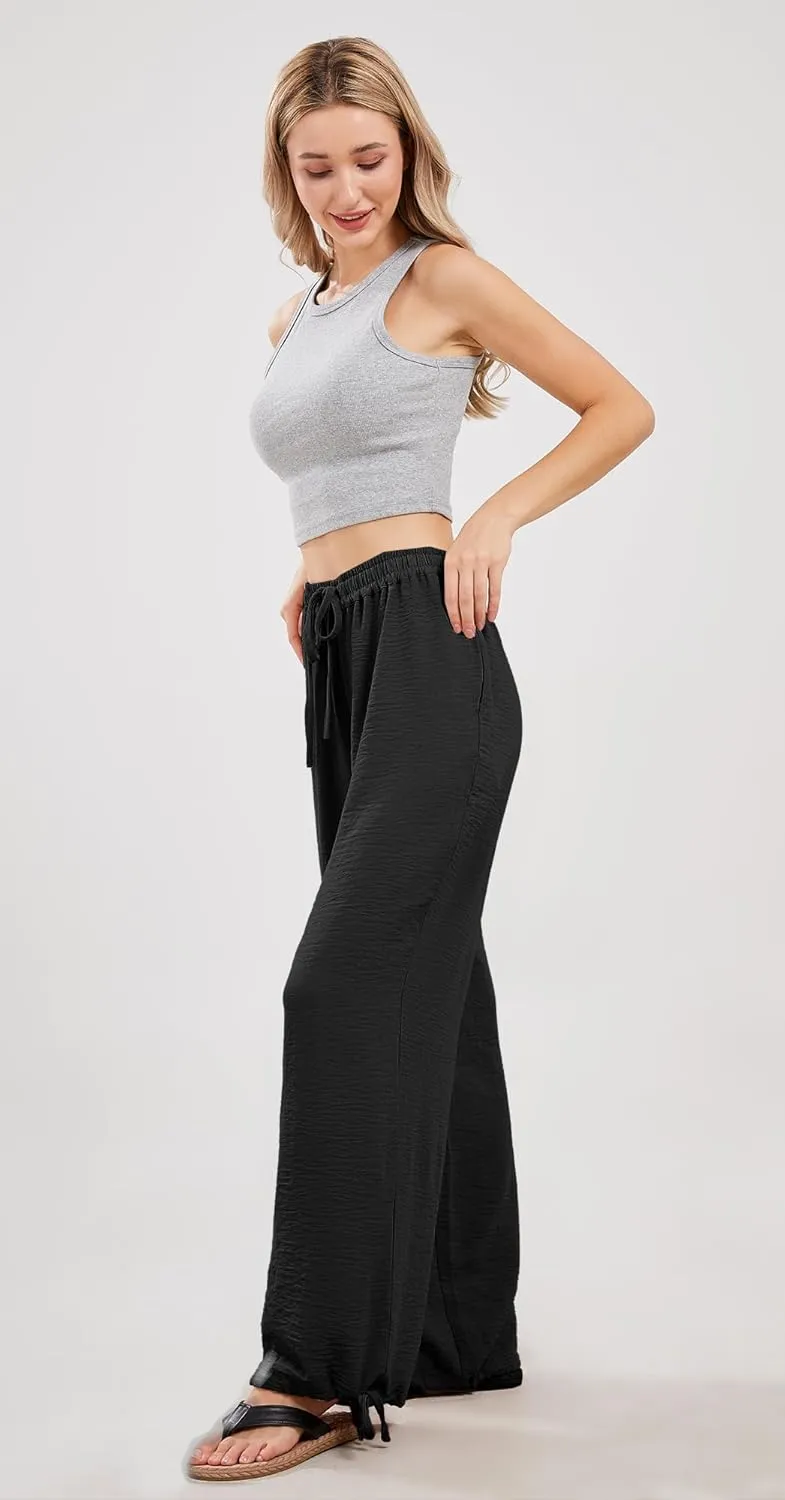 utcoco Wide Leg Linen Pants for Women Casual Loose Fit High Waisted Pants with Drawstrings