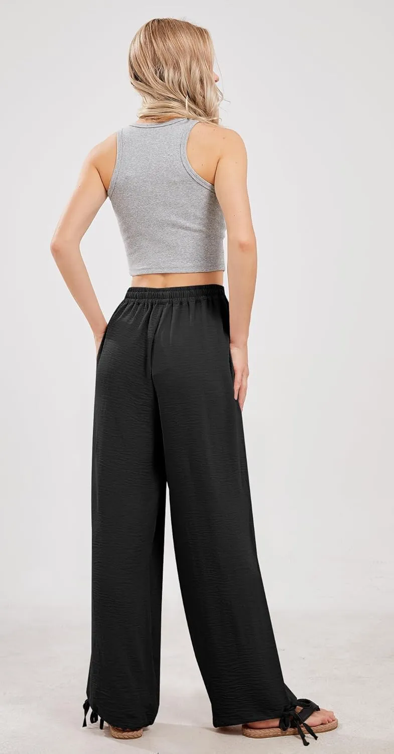 utcoco Wide Leg Linen Pants for Women Casual Loose Fit High Waisted Pants with Drawstrings