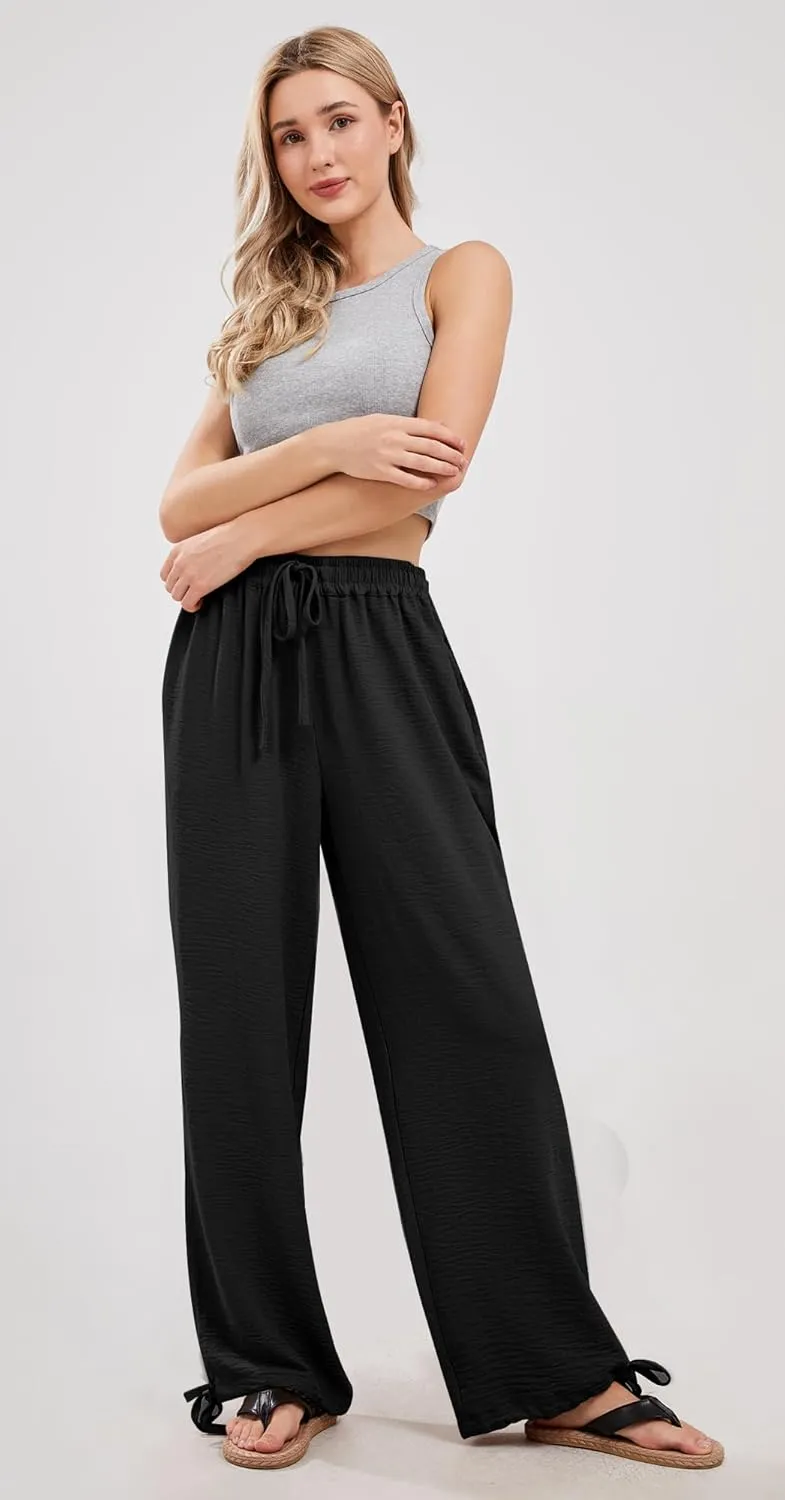 utcoco Wide Leg Linen Pants for Women Casual Loose Fit High Waisted Pants with Drawstrings