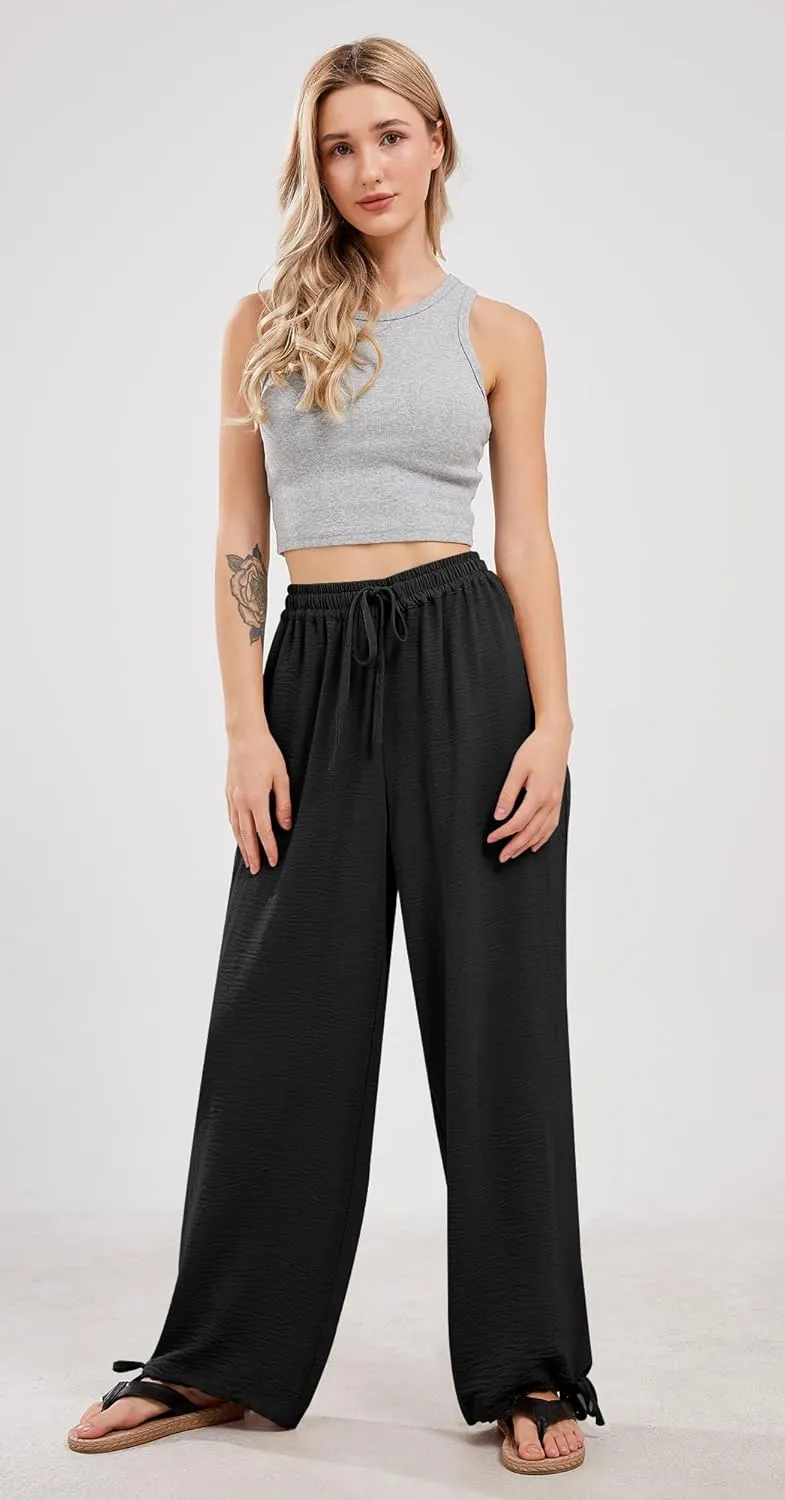 utcoco Wide Leg Linen Pants for Women Casual Loose Fit High Waisted Pants with Drawstrings