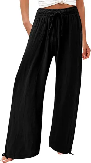 utcoco Wide Leg Linen Pants for Women Casual Loose Fit High Waisted Pants with Drawstrings