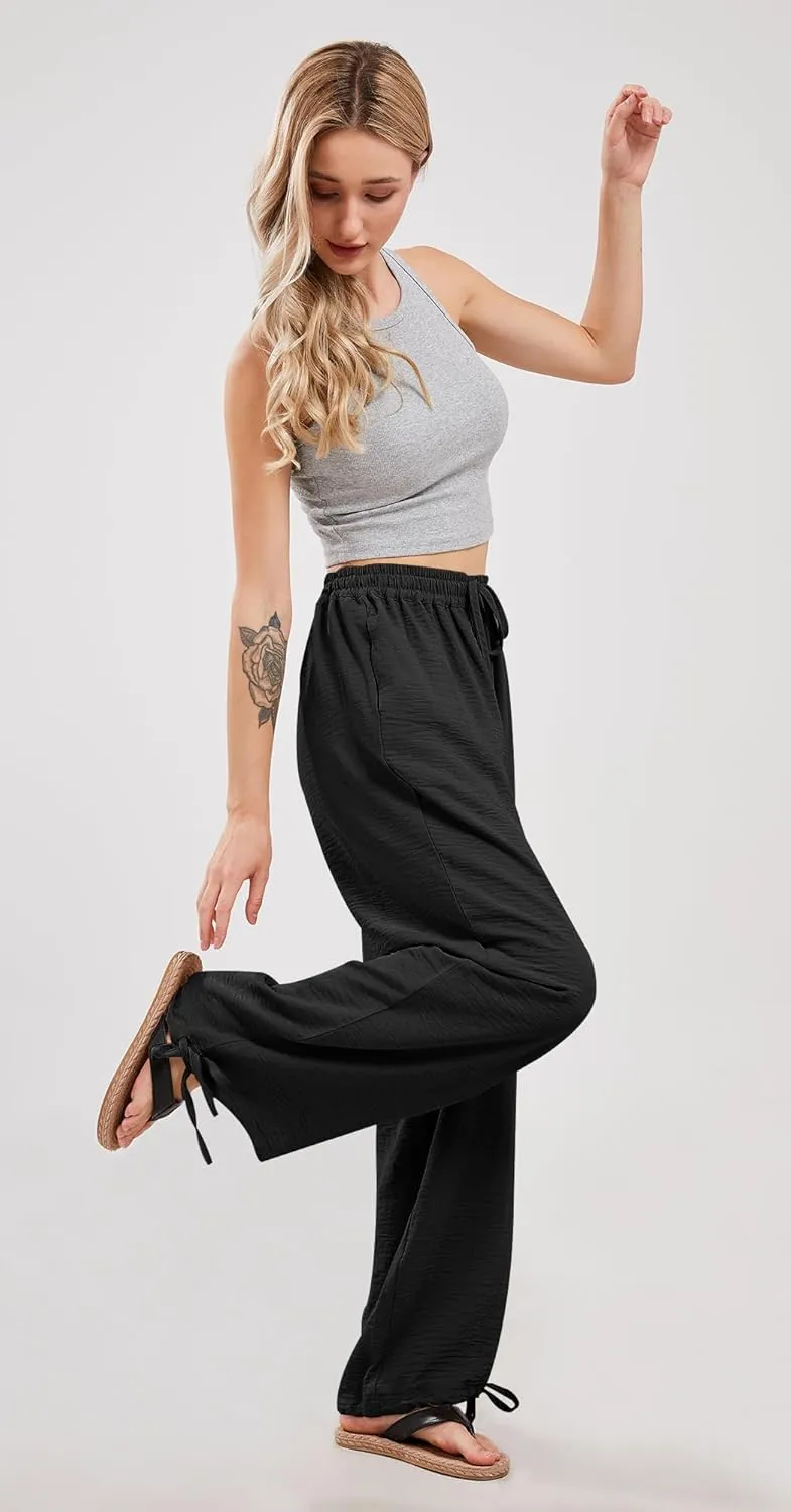 utcoco Wide Leg Linen Pants for Women Casual Loose Fit High Waisted Pants with Drawstrings