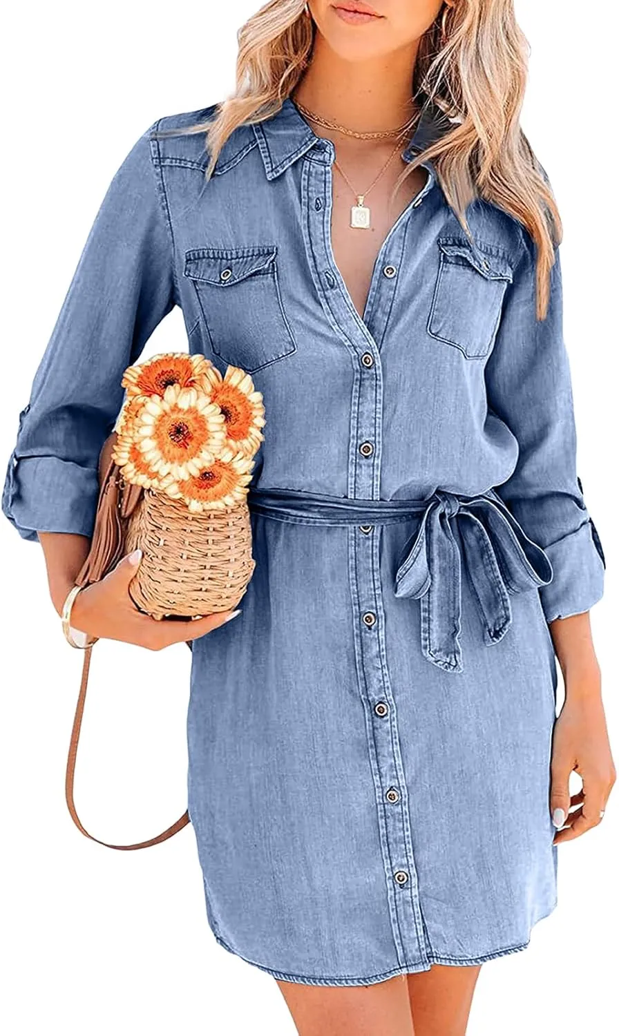 utcoco Women's Casual Button Down Jean Shirt Dress Long Sleeve Tie Waist Lightweight Denim Shirt Dress