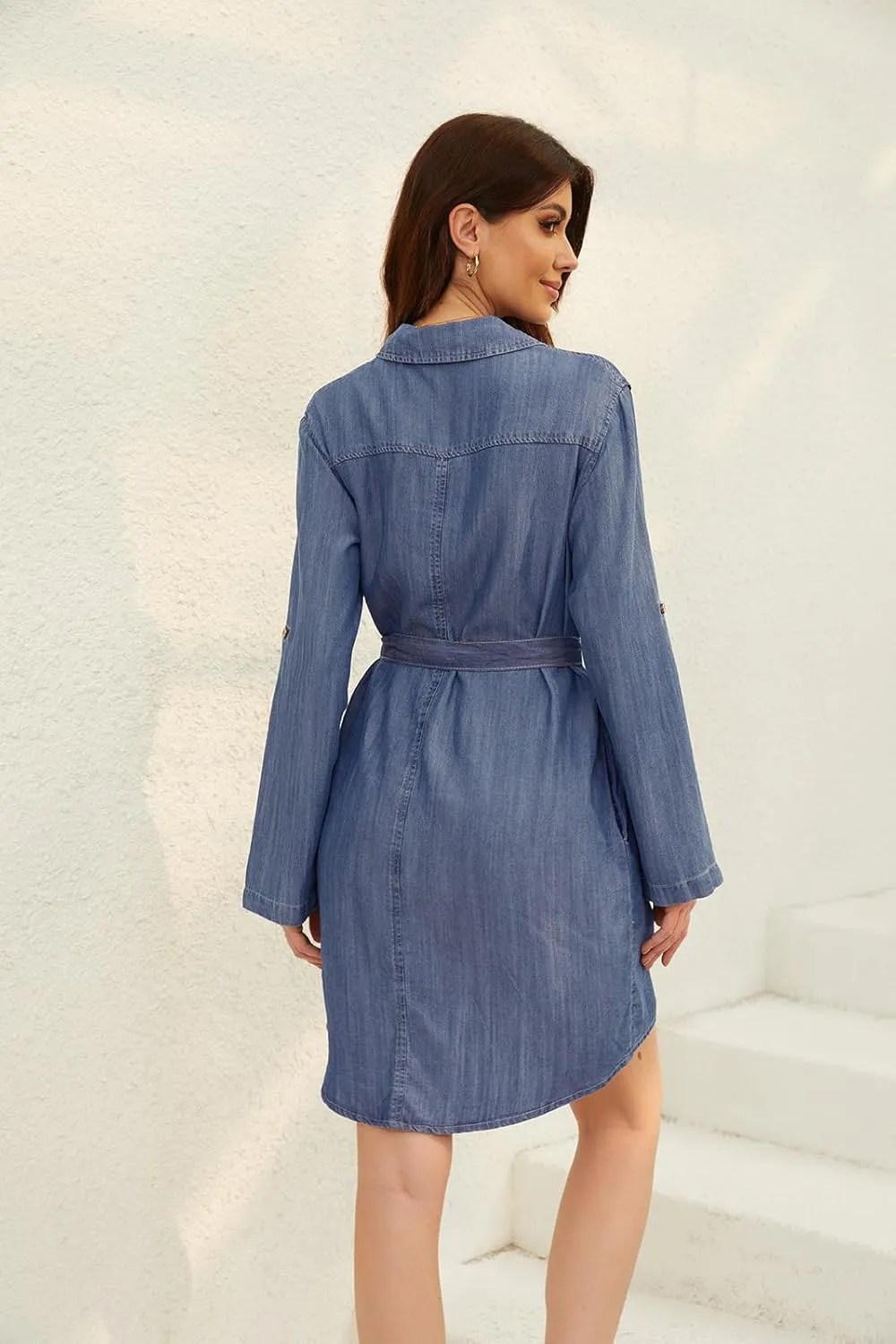 utcoco Women's Casual Button Down Jean Shirt Dress Long Sleeve Tie Waist Lightweight Denim Shirt Dress