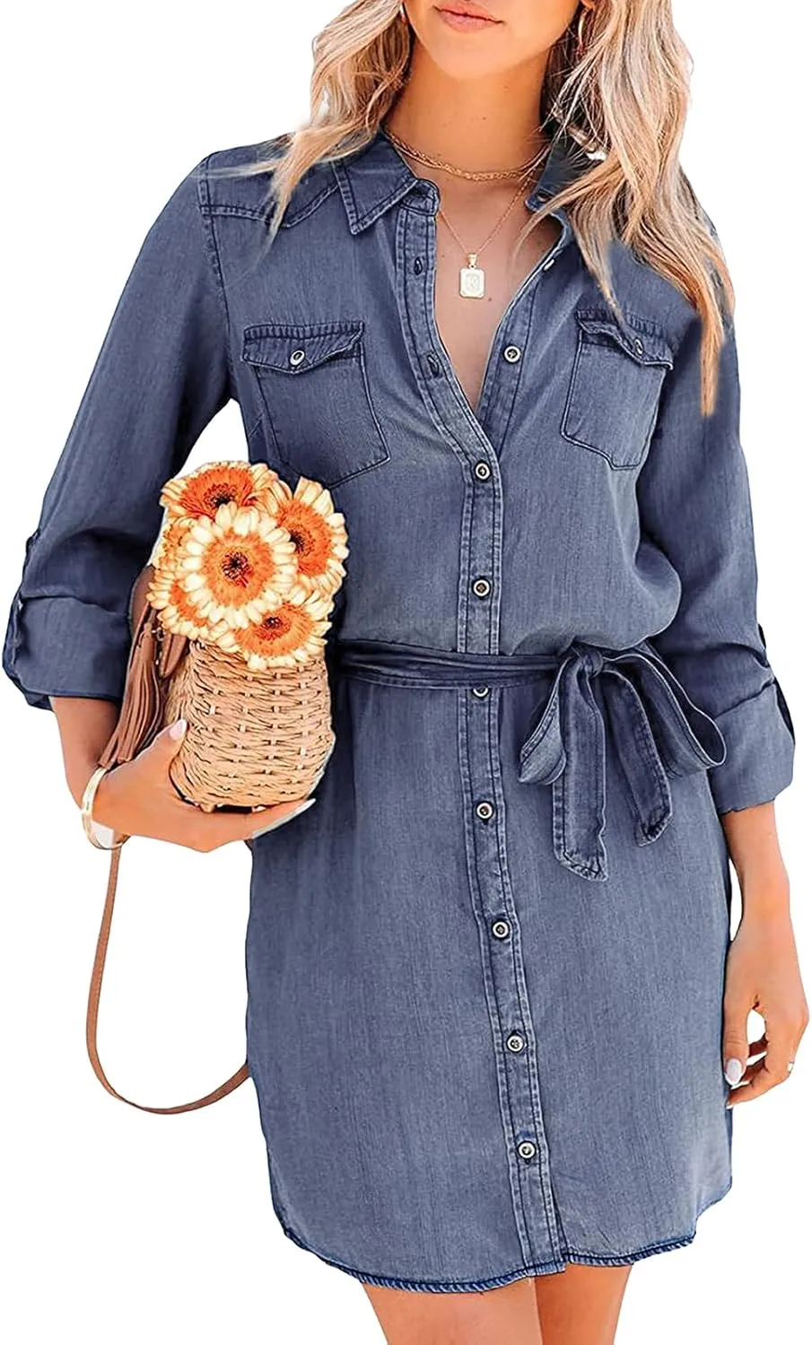 utcoco Women's Casual Button Down Jean Shirt Dress Long Sleeve Tie Waist Lightweight Denim Shirt Dress