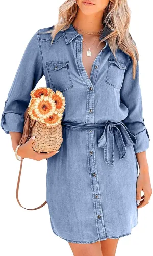 utcoco Women's Casual Button Down Jean Shirt Dress Long Sleeve Tie Waist Lightweight Denim Shirt Dress