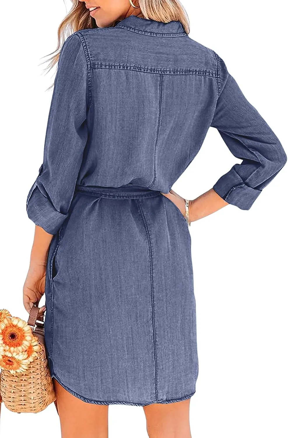 utcoco Women's Casual Button Down Jean Shirt Dress Long Sleeve Tie Waist Lightweight Denim Shirt Dress