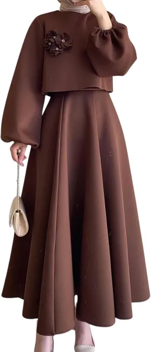utcoco Womens Skirt Sets 2 Piece Outfits Flower Deco Long Sleeve Crop Tops and High Waisted Maxi Skirt Set