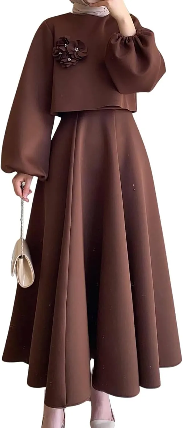 utcoco Womens Skirt Sets 2 Piece Outfits Flower Deco Long Sleeve Crop Tops and High Waisted Maxi Skirt Set