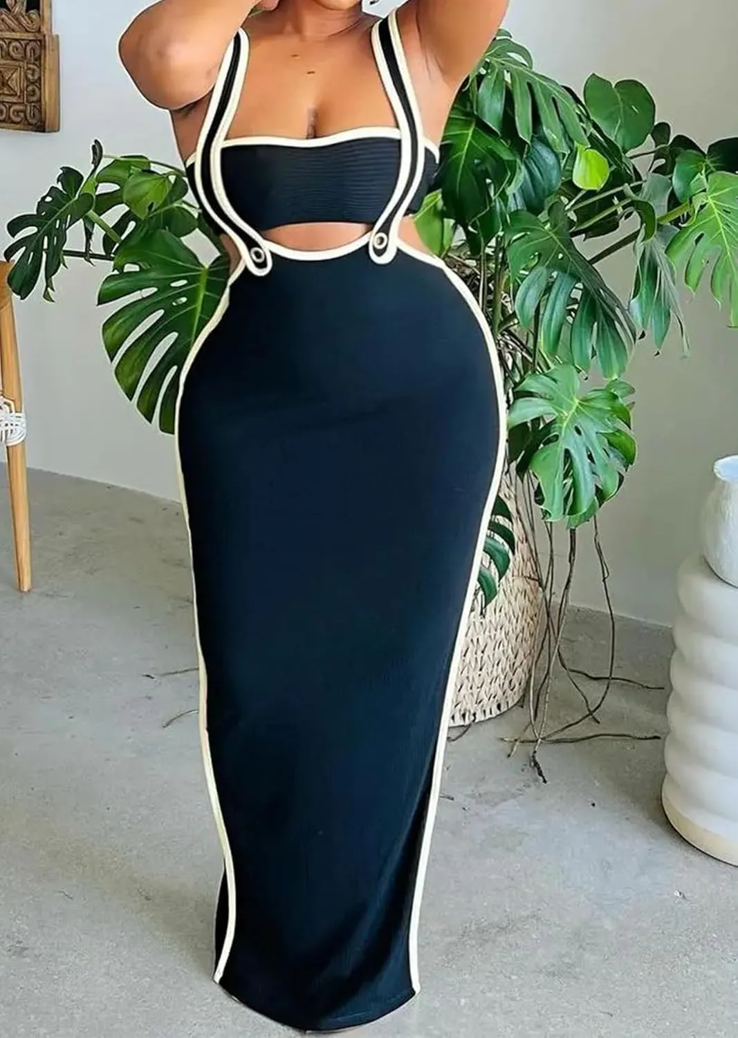 Vakkest Women's Sexy 2 Piece Outfits Colorblock Sleeveless Tube Top and Bodycon Long Straps Maxi Skirt Set Y2k Summer Dress