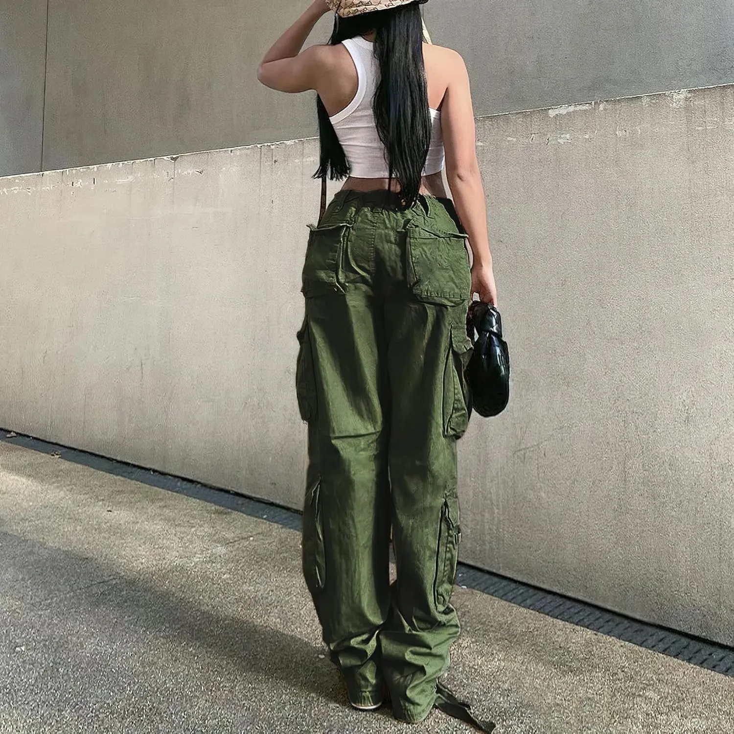 Viatabuna Women's High Rise Straight Leg Y2K Streetwear Cargo Pants Baggy Boyfriend Pants with Pocket