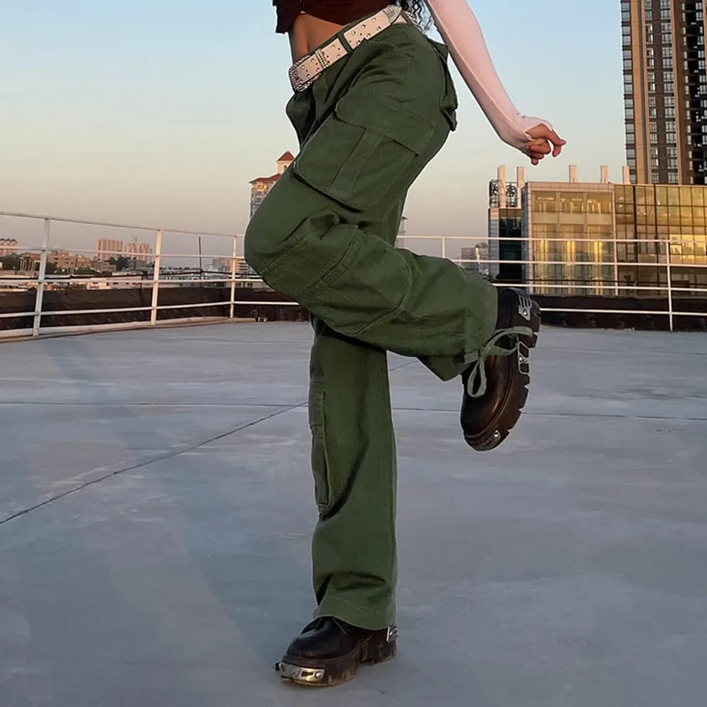 Viatabuna Women's High Rise Straight Leg Y2K Streetwear Cargo Pants Baggy Boyfriend Pants with Pocket