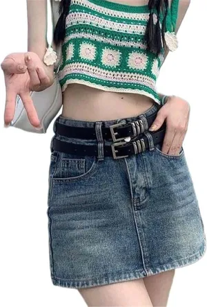 Vintage High-Waisted Denim Skirt Women Summer Slimming Design Hottie Wrapped Hip Half Dress Short Jeans Female Blue M