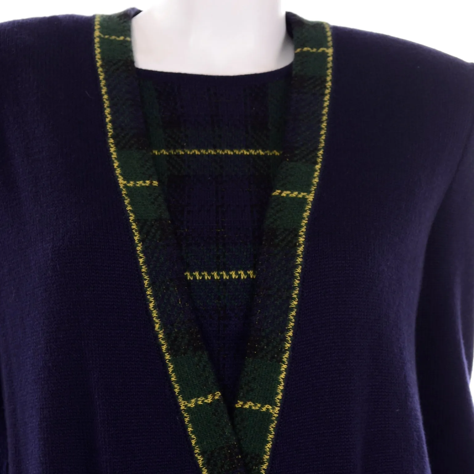 Vintage Valentino 2pc Green & Blue Plaid Cardigan Sweater & Top