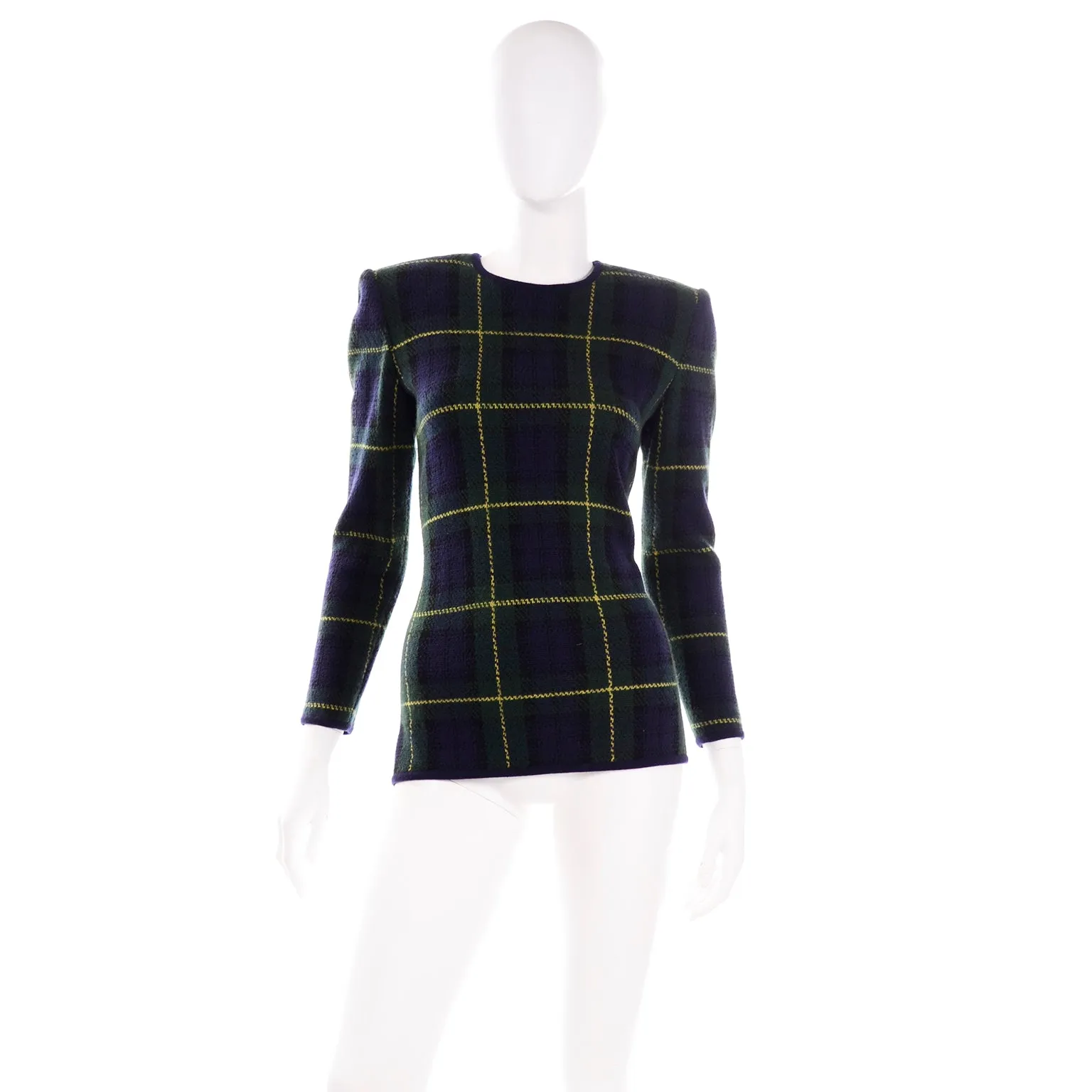 Vintage Valentino 2pc Green & Blue Plaid Cardigan Sweater & Top