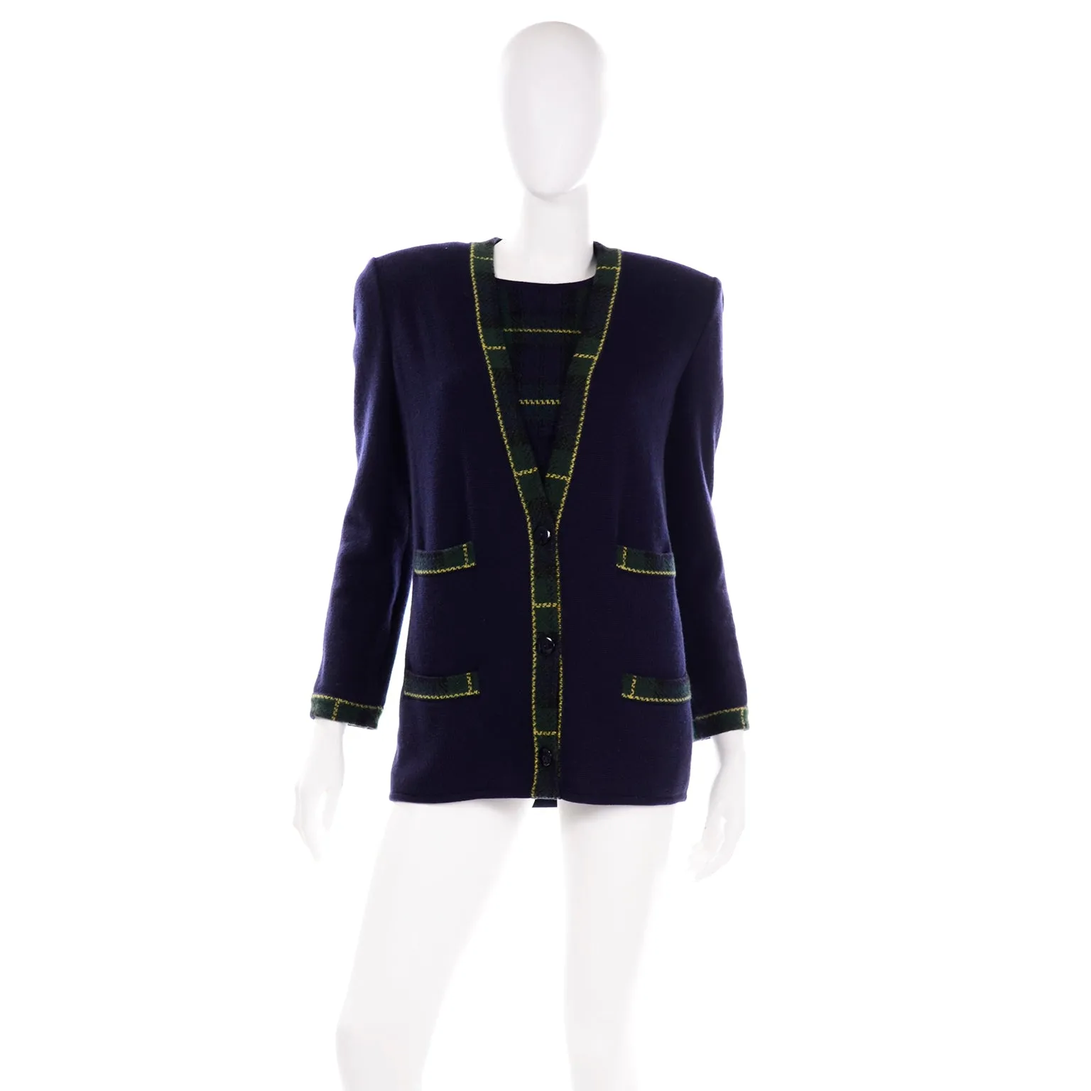 Vintage Valentino 2pc Green & Blue Plaid Cardigan Sweater & Top