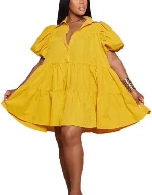 VIVICOLOR Womens Puff Sleeve Babydoll Mini Shirt Dress Button Down Lapel Ruffle Hem Mini Shirt Dress