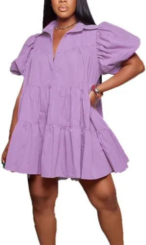 VIVICOLOR Womens Puff Sleeve Babydoll Mini Shirt Dress Button Down Lapel Ruffle Hem Mini Shirt Dress