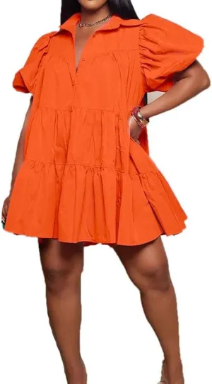 VIVICOLOR Womens Puff Sleeve Babydoll Mini Shirt Dress Button Down Lapel Ruffle Hem Mini Shirt Dress