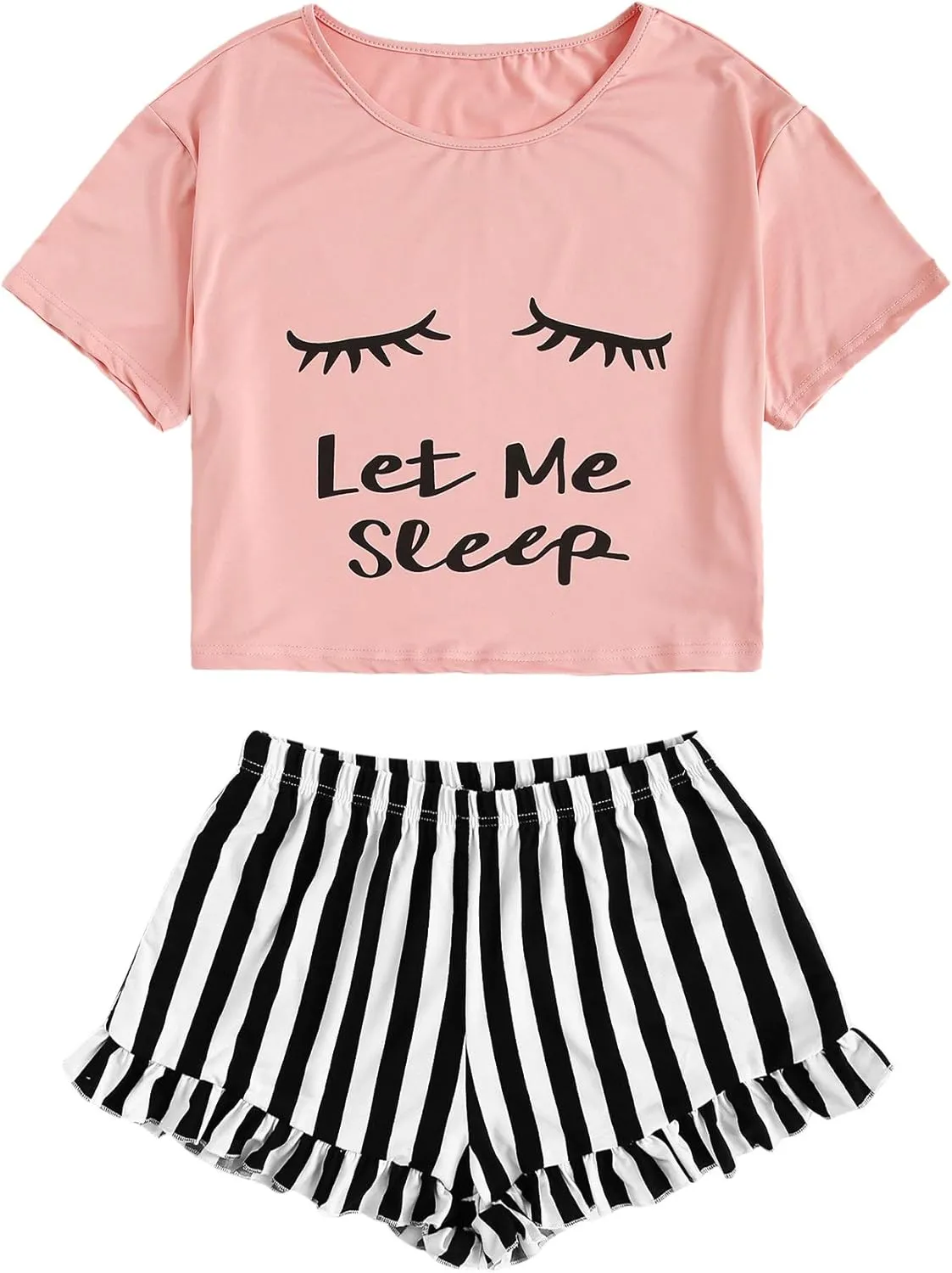 WDIRARA Women's Sleepwear Closed Eyes Print Tee and Striped Shorts Cute Pajama Set