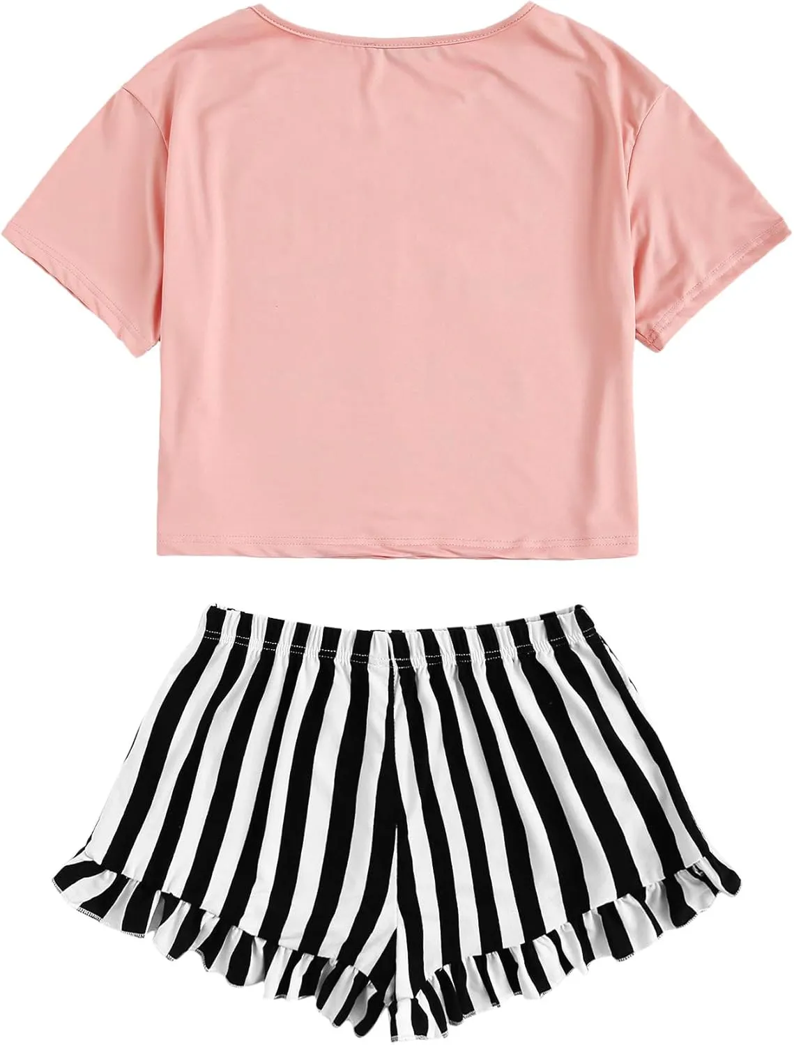 WDIRARA Women's Sleepwear Closed Eyes Print Tee and Striped Shorts Cute Pajama Set
