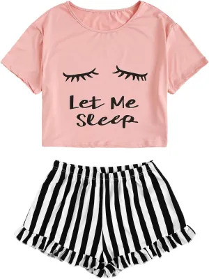 WDIRARA Women's Sleepwear Closed Eyes Print Tee and Striped Shorts Cute Pajama Set