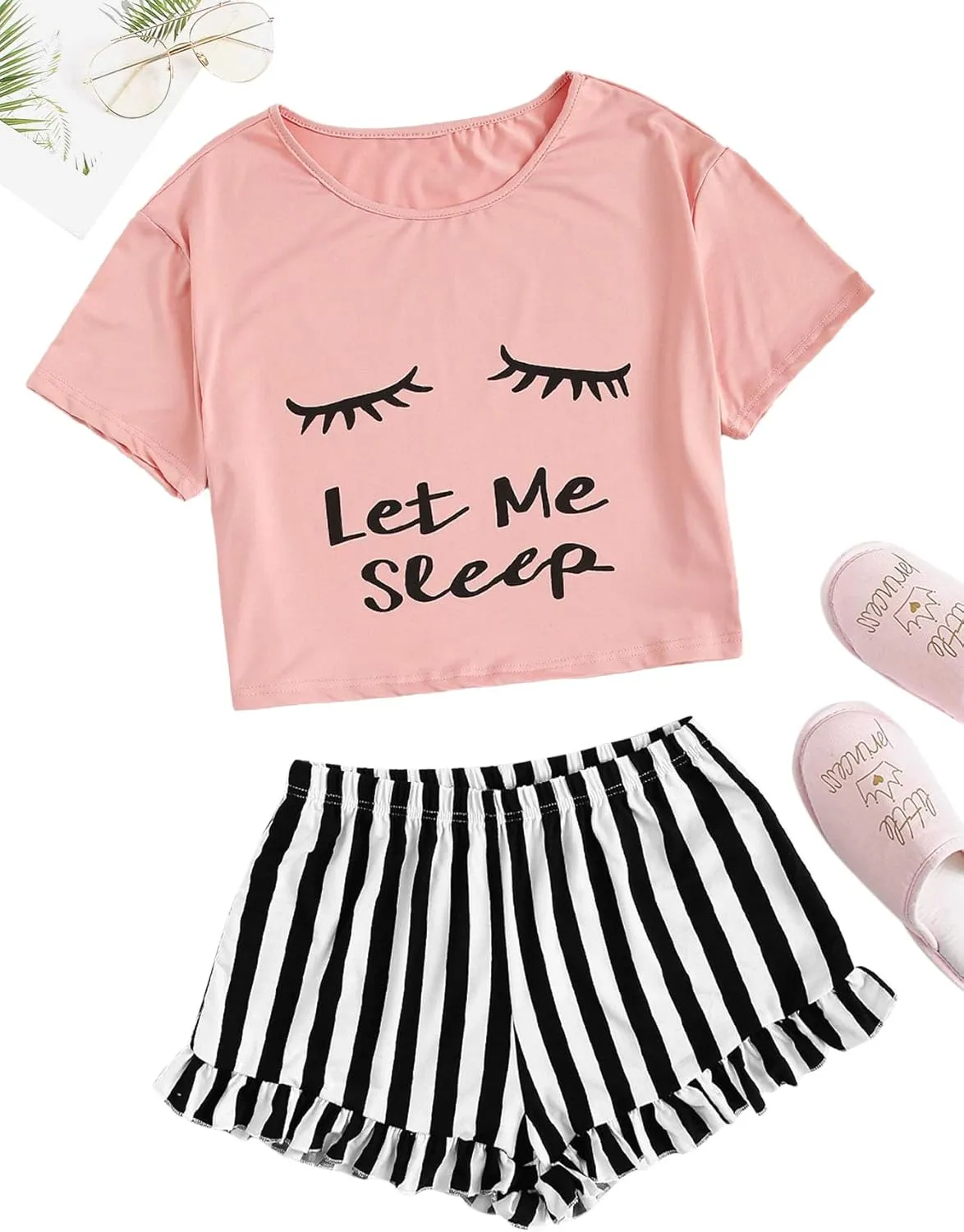 WDIRARA Women's Sleepwear Closed Eyes Print Tee and Striped Shorts Cute Pajama Set